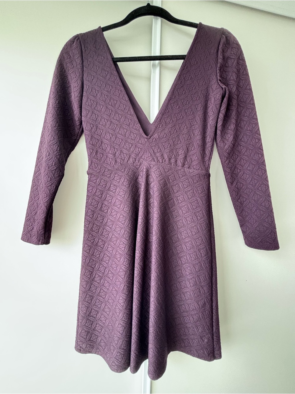 Cooperative Plum Textured V-Neck Long Sleeve Fit-and-Flare Dress